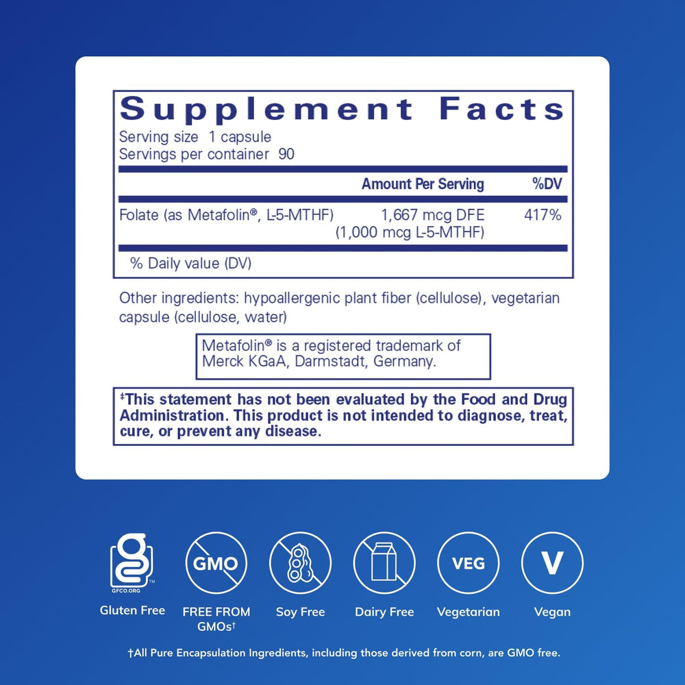 Pure Encapsulations Folate 1000 capsule side view emphasizes vegan, non-GMO formula.
