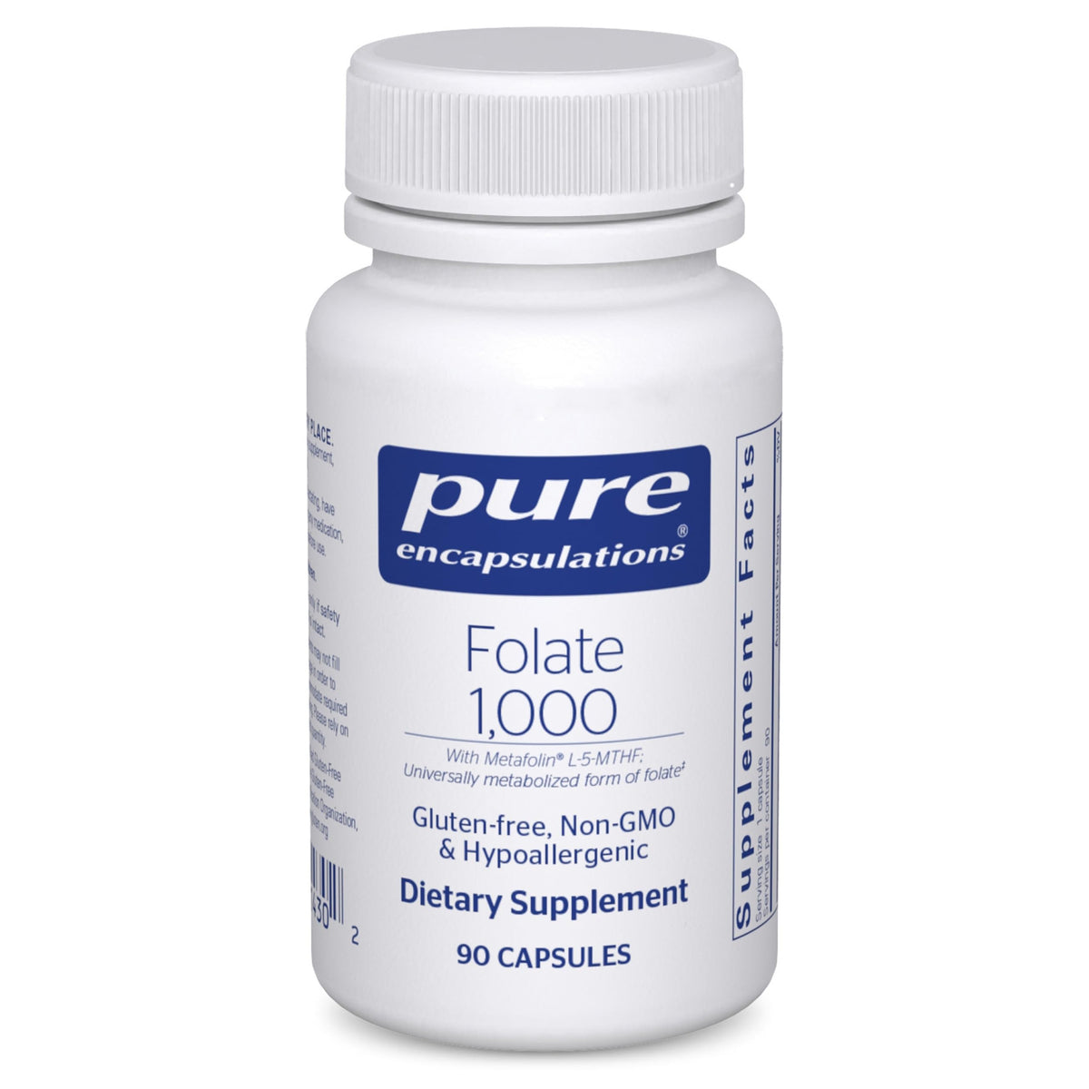 Pure Encapsulations Folate 1000 bottle close-up showcasing Metafolin L-5-MTHF for heart support.