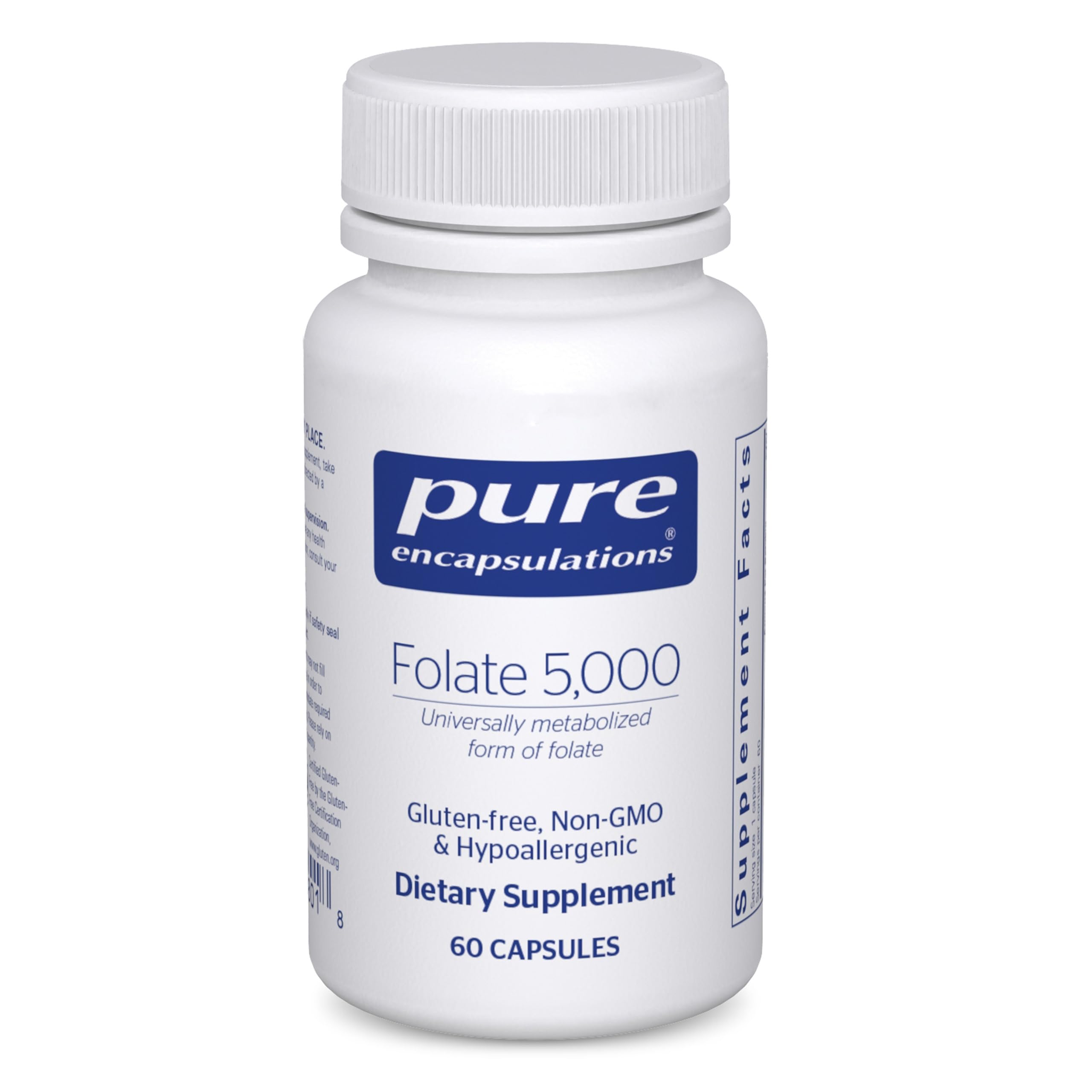 Pure Encapsulations Folate 5000 bottle showing Metafolin for balanced folate support.