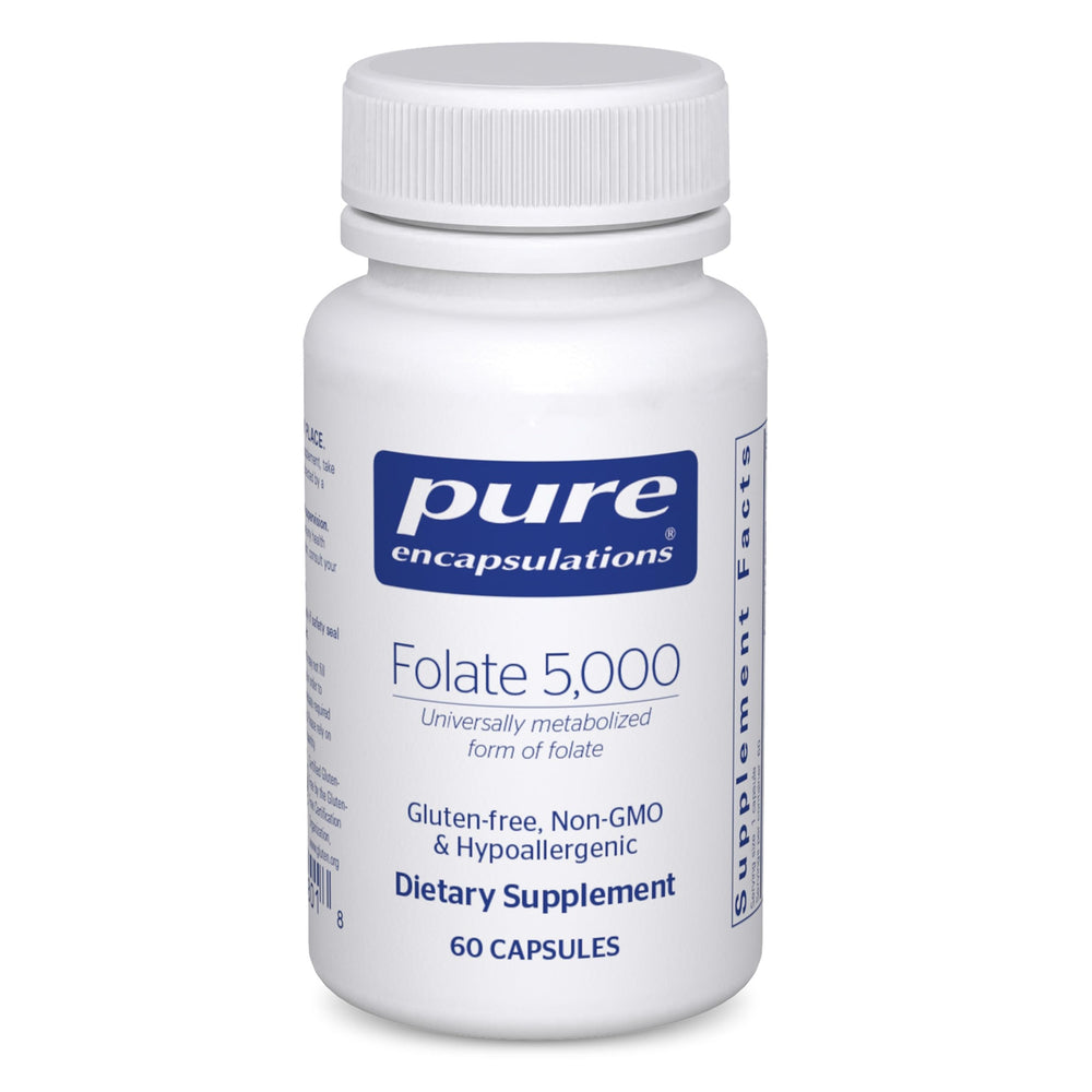 Pure Encapsulations Folate 5000 bottle showing Metafolin for balanced folate support.