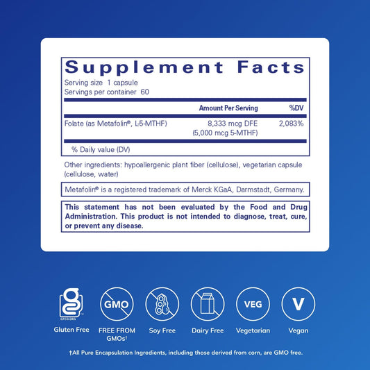 Pure Encapsulations Folate 5000 capsules ready for daily folate metabolism support.