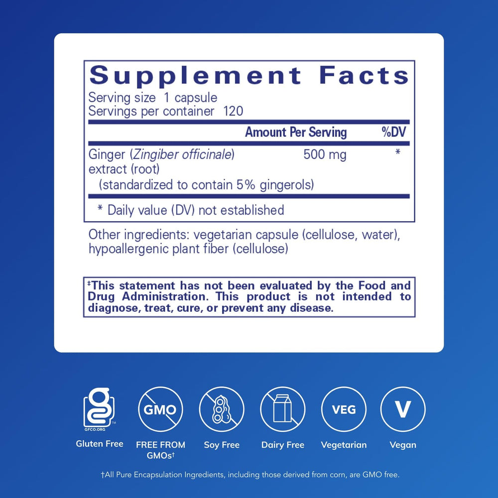 Pure Encapsulations Ginger Extract label close-up highlighting premium formulation for heart health