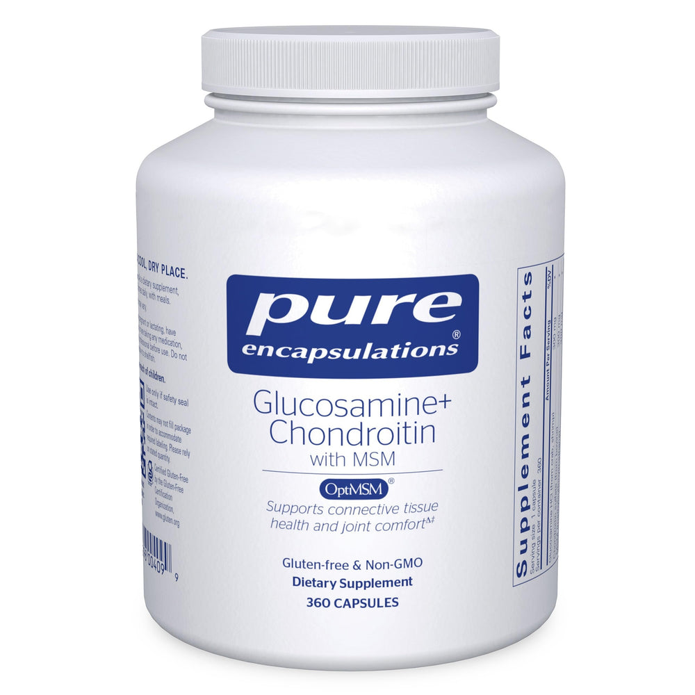 Pure Encapsulations Glucosamine Chondroitin with MSM bottle shows joint health potential and mobility focus.