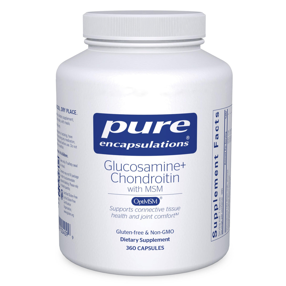 Pure Encapsulations Glucosamine Chondroitin with MSM bottle shows joint health potential and mobility focus.