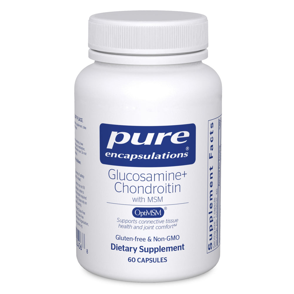 Pure Encapsulations glucosamine-chondroitin-msm bottle promotes joint comfort.