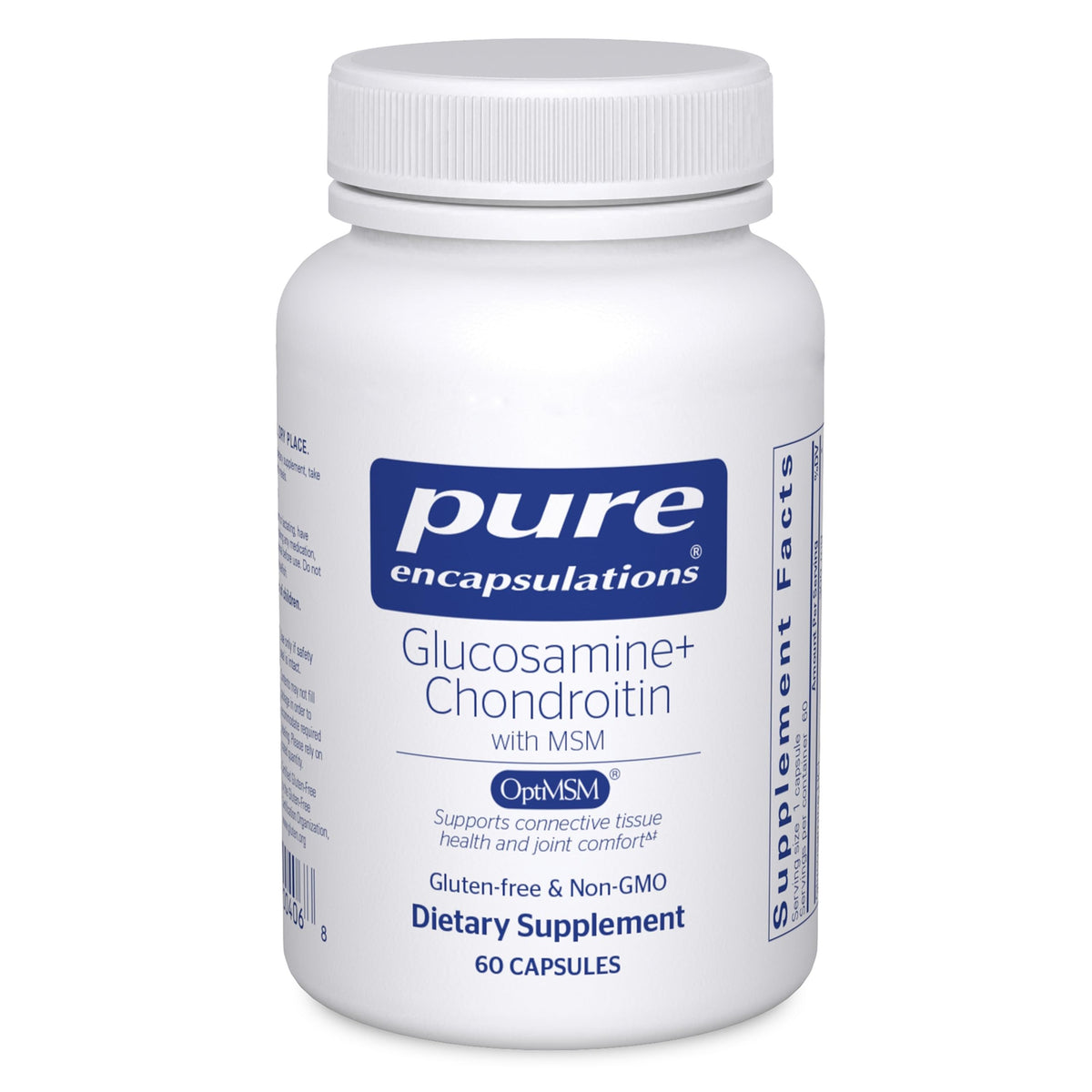 Pure Encapsulations glucosamine-chondroitin-msm bottle promotes joint comfort.