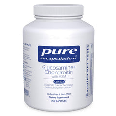 Pure Encapsulations Glucosamine Chondroitin with MSM bottle shows joint health potential and mobility focus.