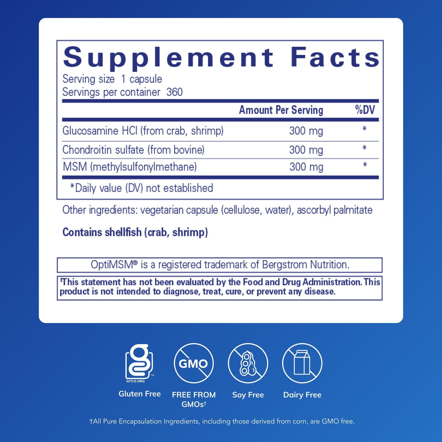 Pure Encapsulations Glucosamine Chondroitin with MSM capsules highlight gluten-free, non-GMO cartilage support.