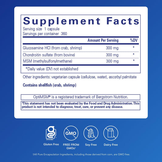 Pure Encapsulations Glucosamine Chondroitin with MSM capsules highlight gluten-free, non-GMO cartilage support.