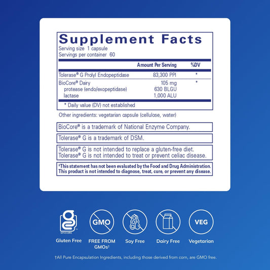 Pure Encapsulations Gluten/Dairy Digest bottle-back-label with ingredients and directions