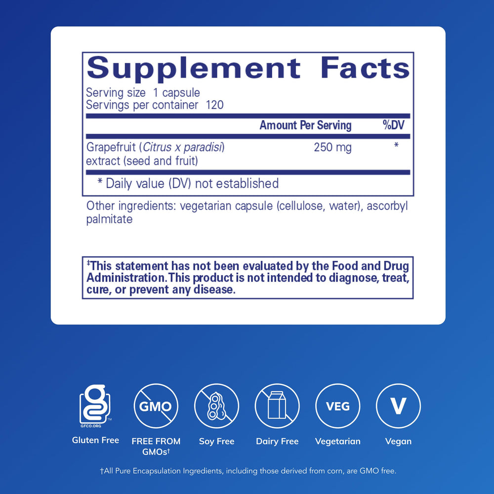 Pure Encapsulations Grapefruit Seed Extract label highlights concentrated formula for gut ecology.