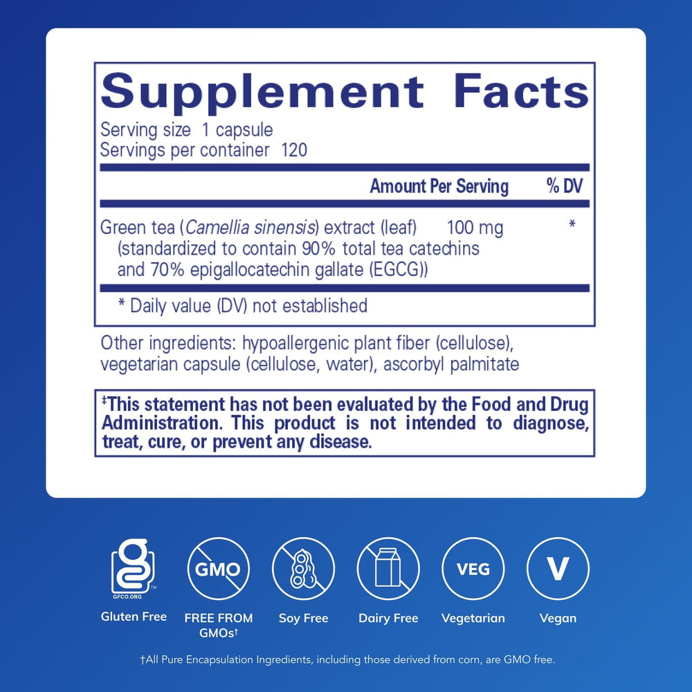 Pure Encapsulations green tea extract capsules on white background, highlighting purity and allergen-free formulation.