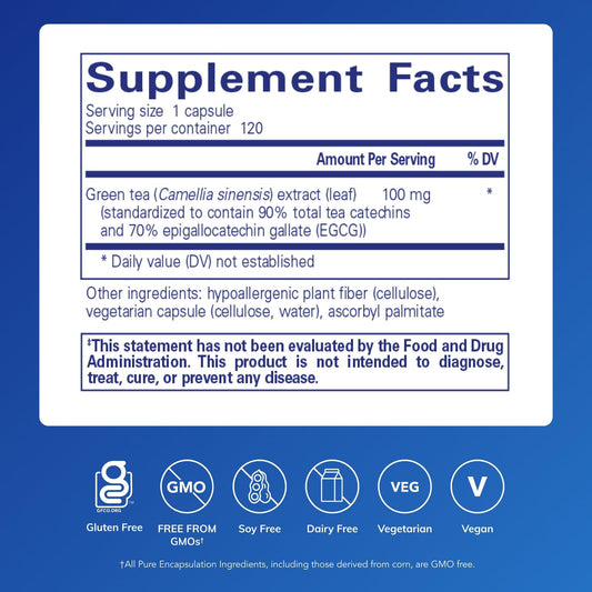 Pure Encapsulations green tea extract capsules on white background, highlighting purity and allergen-free formulation.