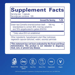 Pure Encapsulations green tea extract capsules on white background, highlighting purity and allergen-free formulation.