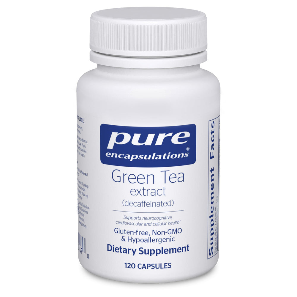 Pure Encapsulations Green Tea Extract decaf bottle, showcasing antioxidant support.