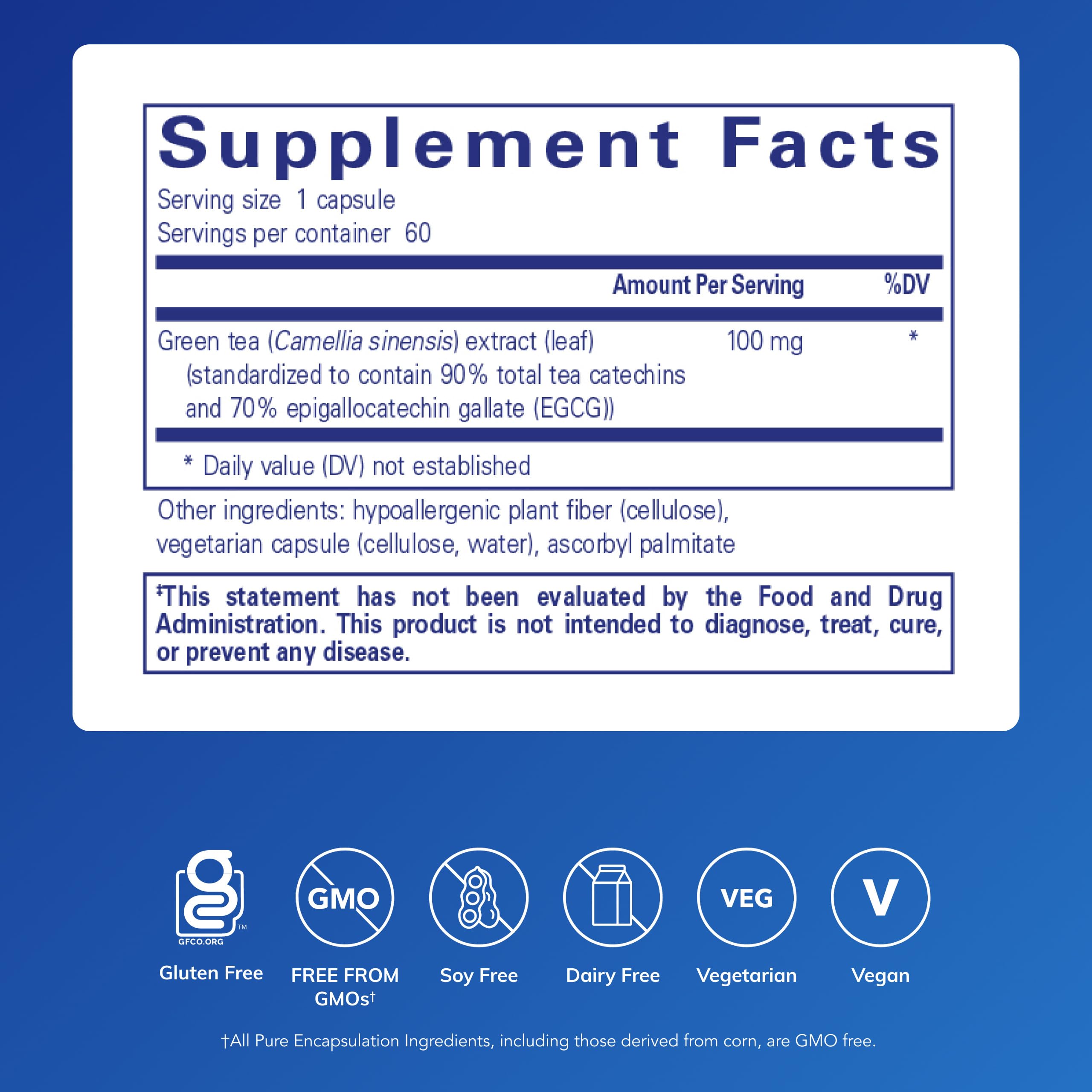 Pure Encapsulations green tea extract decaf capsules close up on label