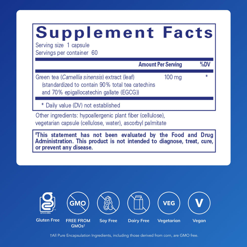 Pure Encapsulations green tea extract decaf capsules close up on label