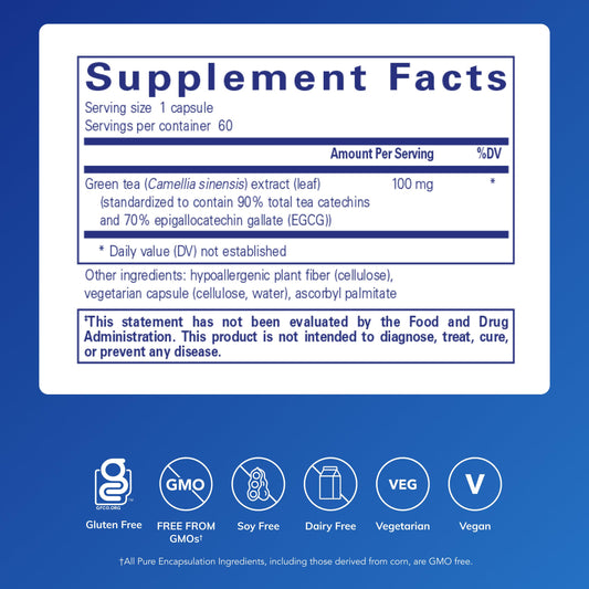 Pure Encapsulations green tea extract decaf capsules close up on label