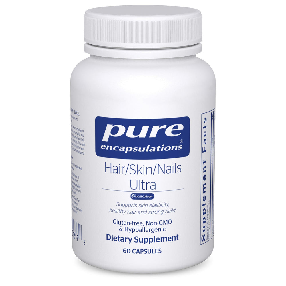Pure Encapsulations Hair/Skin/Nails Ultra bottle for convenient daily beauty support.
