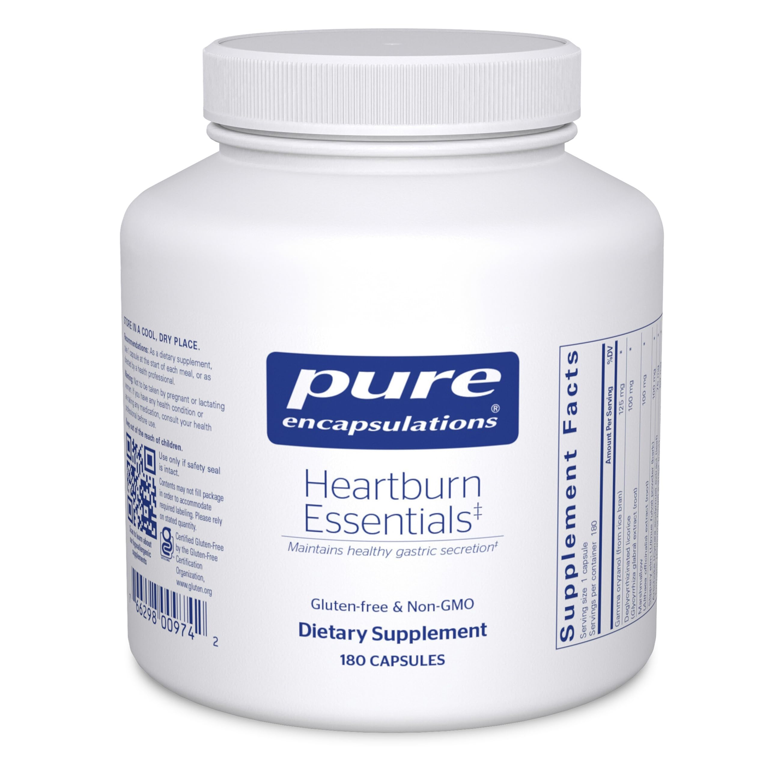 Pure Encapsulations Heartburn Essentials bottle caps for on-the-go digestion support.