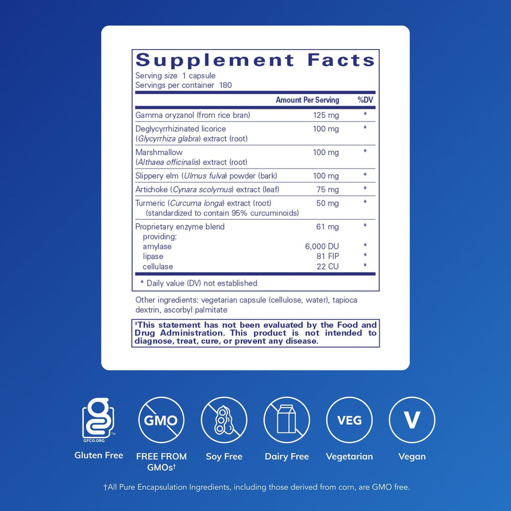 Pure Encapsulations Heartburn Essentials bottle label highlights allergen-free, premium ingredients.