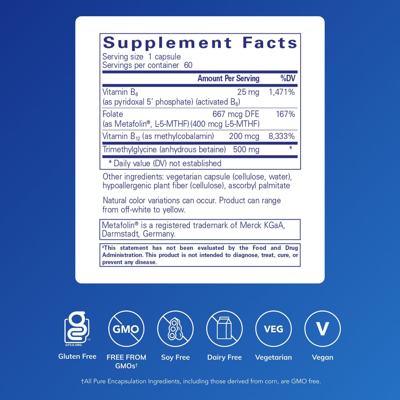 Homocysteine Factors ingredients label shows B6, B12, folate, and betaine