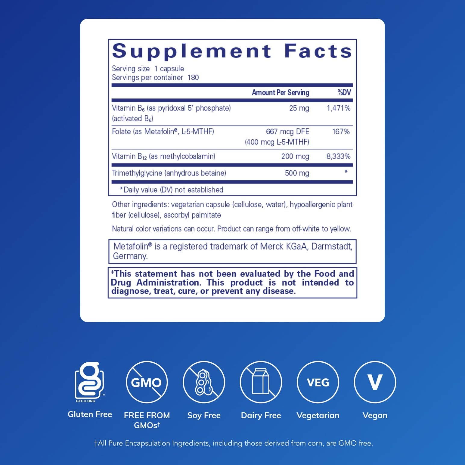 Pure Encapsulations Homocysteine Factors label closeup highlighting key vitamins and metabolism support