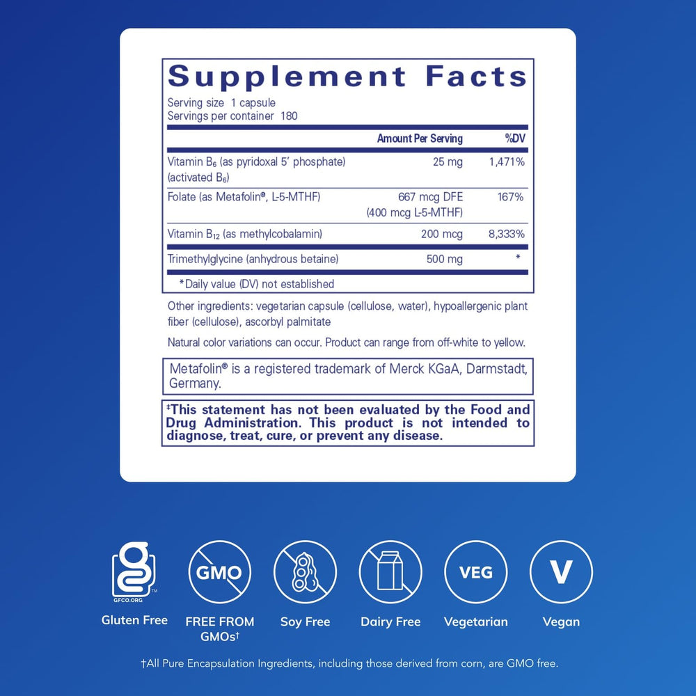 Pure Encapsulations Homocysteine Factors label closeup highlighting key vitamins and metabolism support
