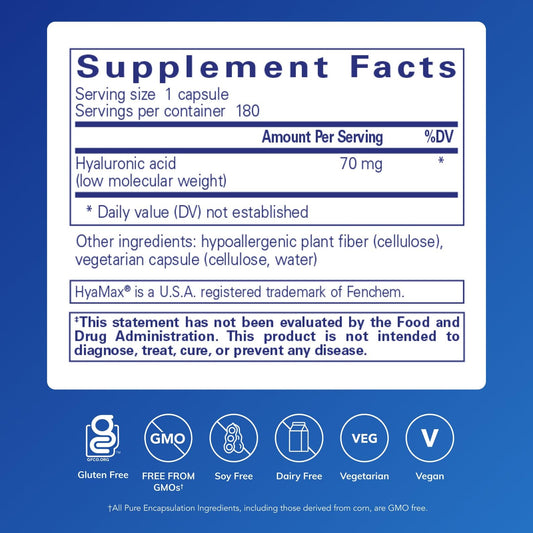 Pure Encapsulations Hyaluronic Acid capsules prepared for daily skin and joint care.
