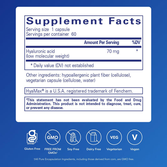 Pure Encapsulations Hyaluronic Acid label detail emphasizing purity and allergen-free formulation.