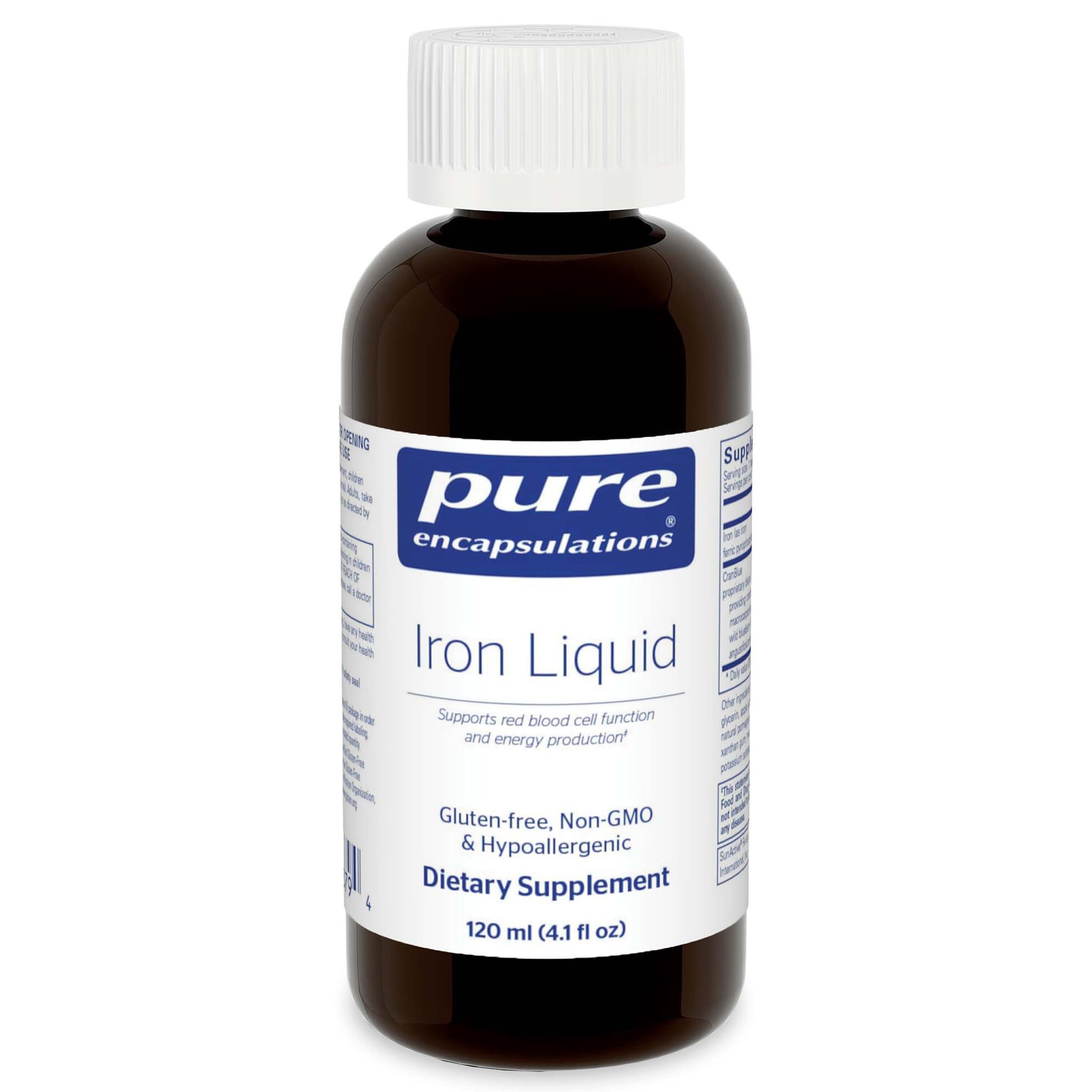 Pure Encapsulations Iron Liquid bottle, hypoallergenic daily support option.
