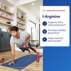 L-Arginine capsules being poured from bottle for daily use.