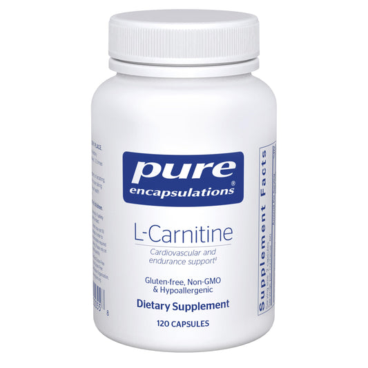 Pure Encapsulations L-Carnitine bottle on white display for daily cardiovascular support