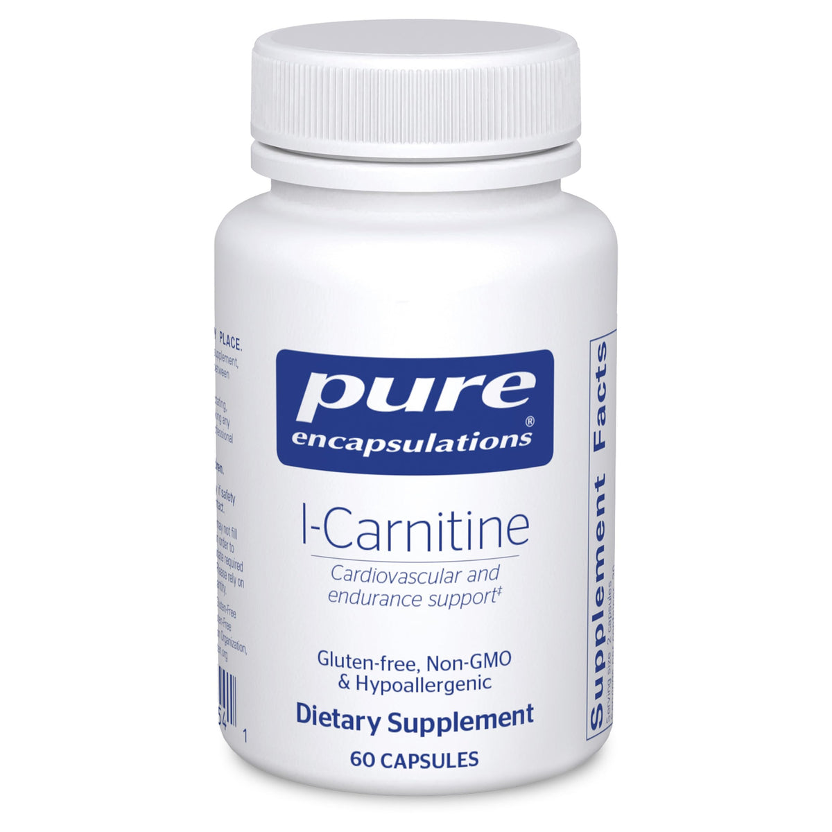 Pure Encapsulations L-Carnitine bottle highlighting cardiovascular-friendly hypoallergenic ingredients