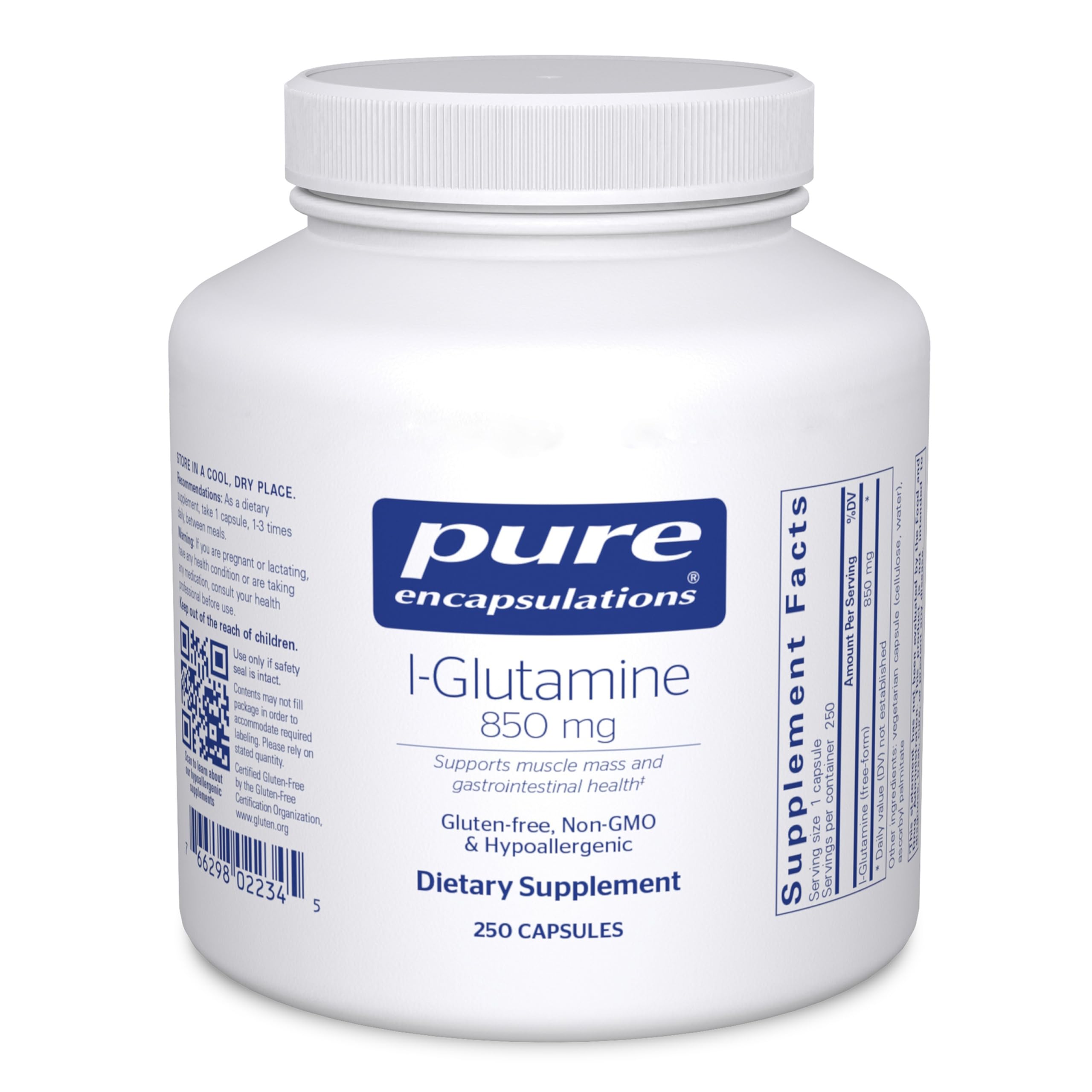 Pure Encapsulations L-Glutamine 850mg bottle close-up for gut health support.