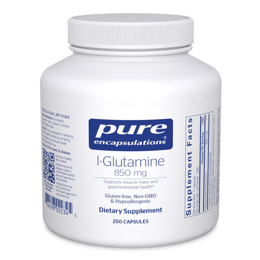 Pure Encapsulations L-Glutamine 850mg bottle close-up for gut health support.