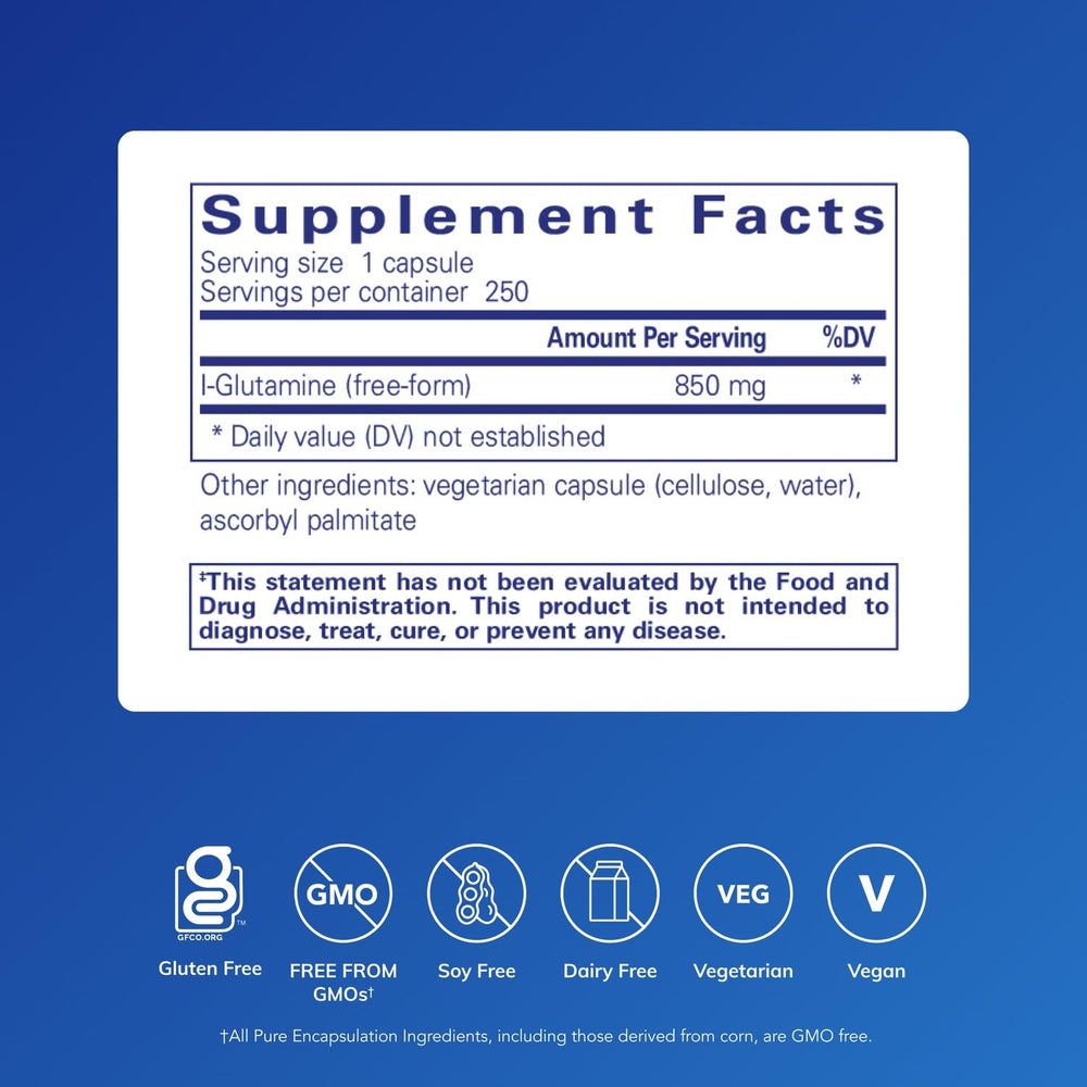 Pure Encapsulations L-Glutamine capsules pouring highlight lean muscle support.