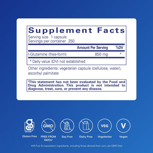 Pure Encapsulations L-Glutamine capsules pouring highlight lean muscle support.