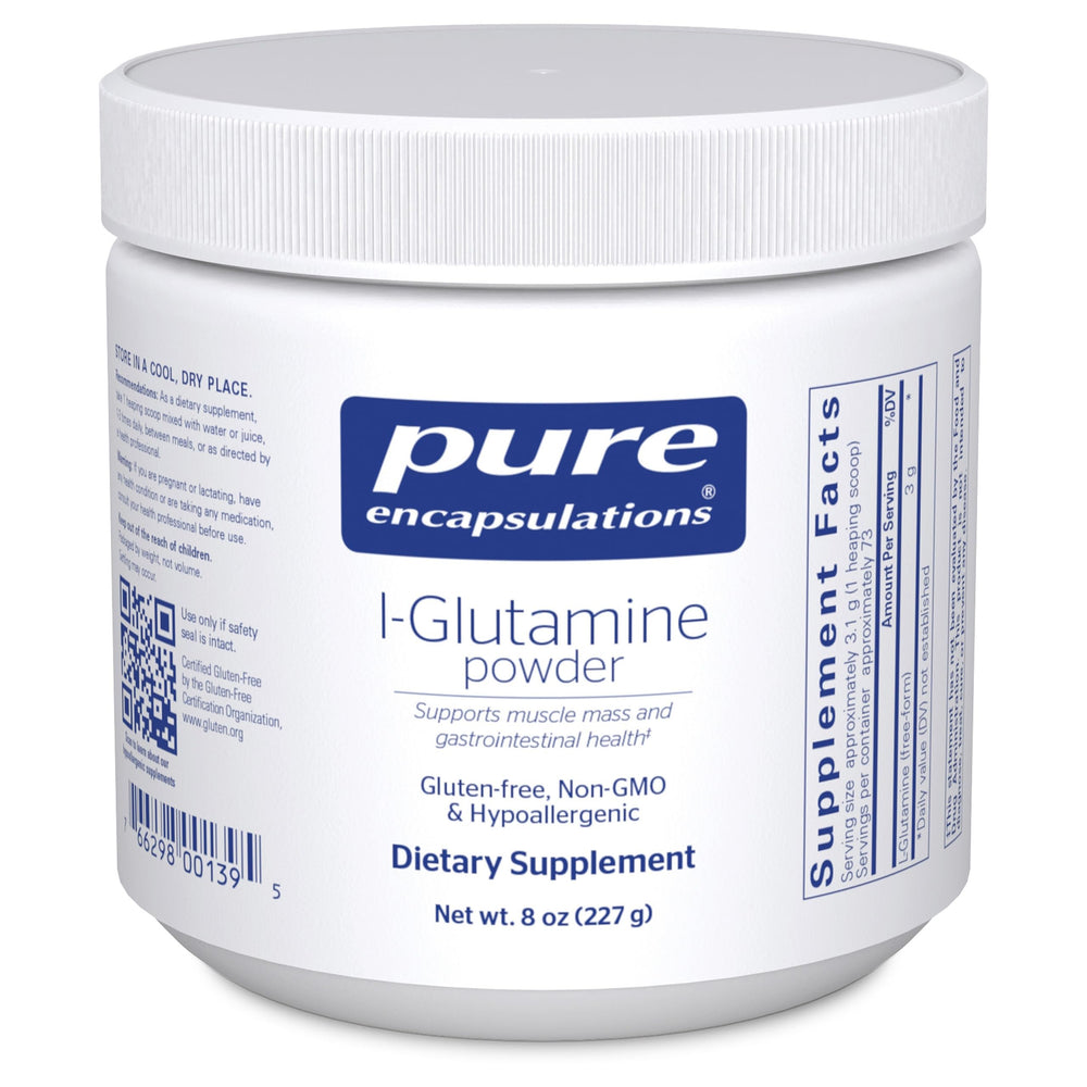 Pure Encapsulations L-Glutamine Powder bottle with potential gut lining support.
