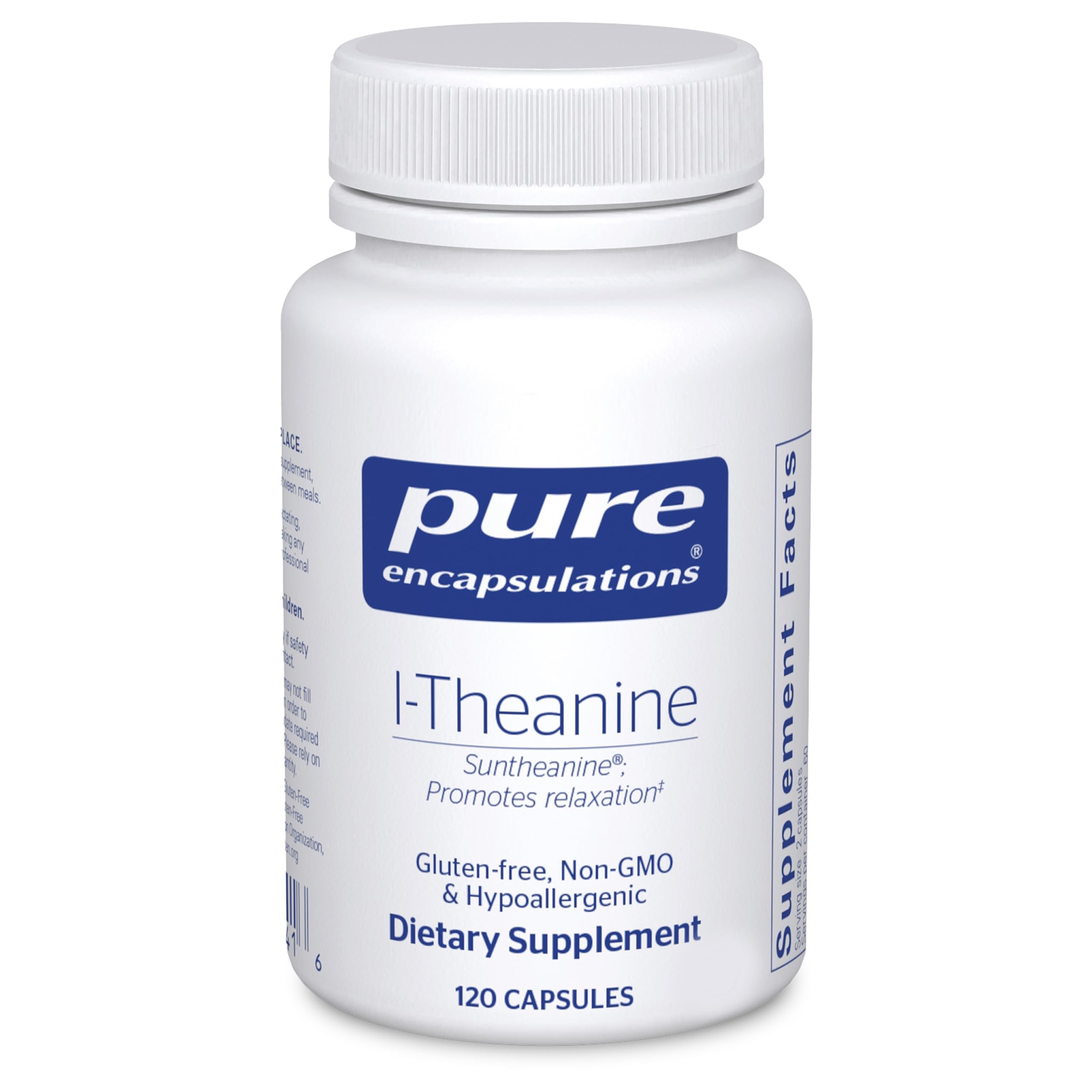 Pure Encapsulations L-Theanine capsules in bottle promote relaxed focus without drowsiness.