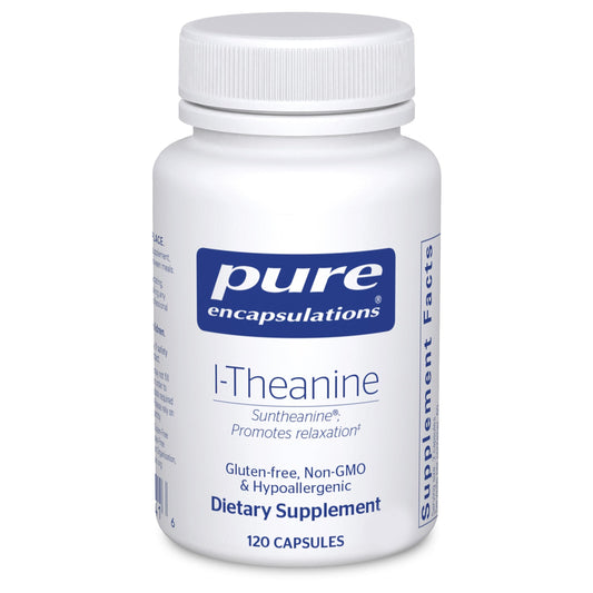 Pure Encapsulations L-Theanine capsules in bottle promote relaxed focus without drowsiness.