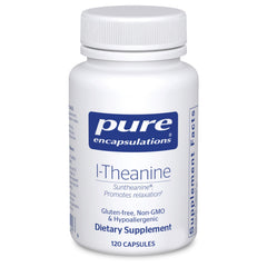 Pure Encapsulations L-Theanine capsules in bottle promote relaxed focus without drowsiness.