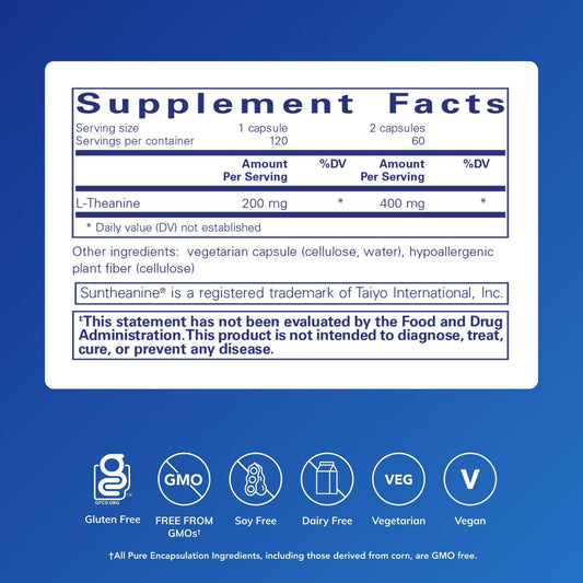 Pure Encapsulations L-Theanine label closeup highlights clean, allergen-free ingredients.