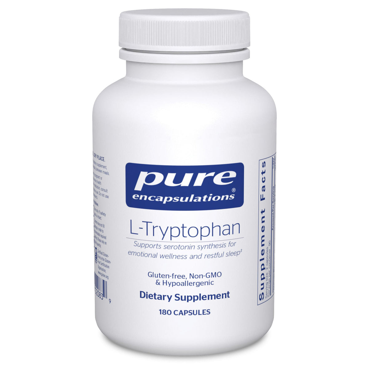 Pure Encapsulations L-Tryptophan bottle closeup showing premium sleep support features