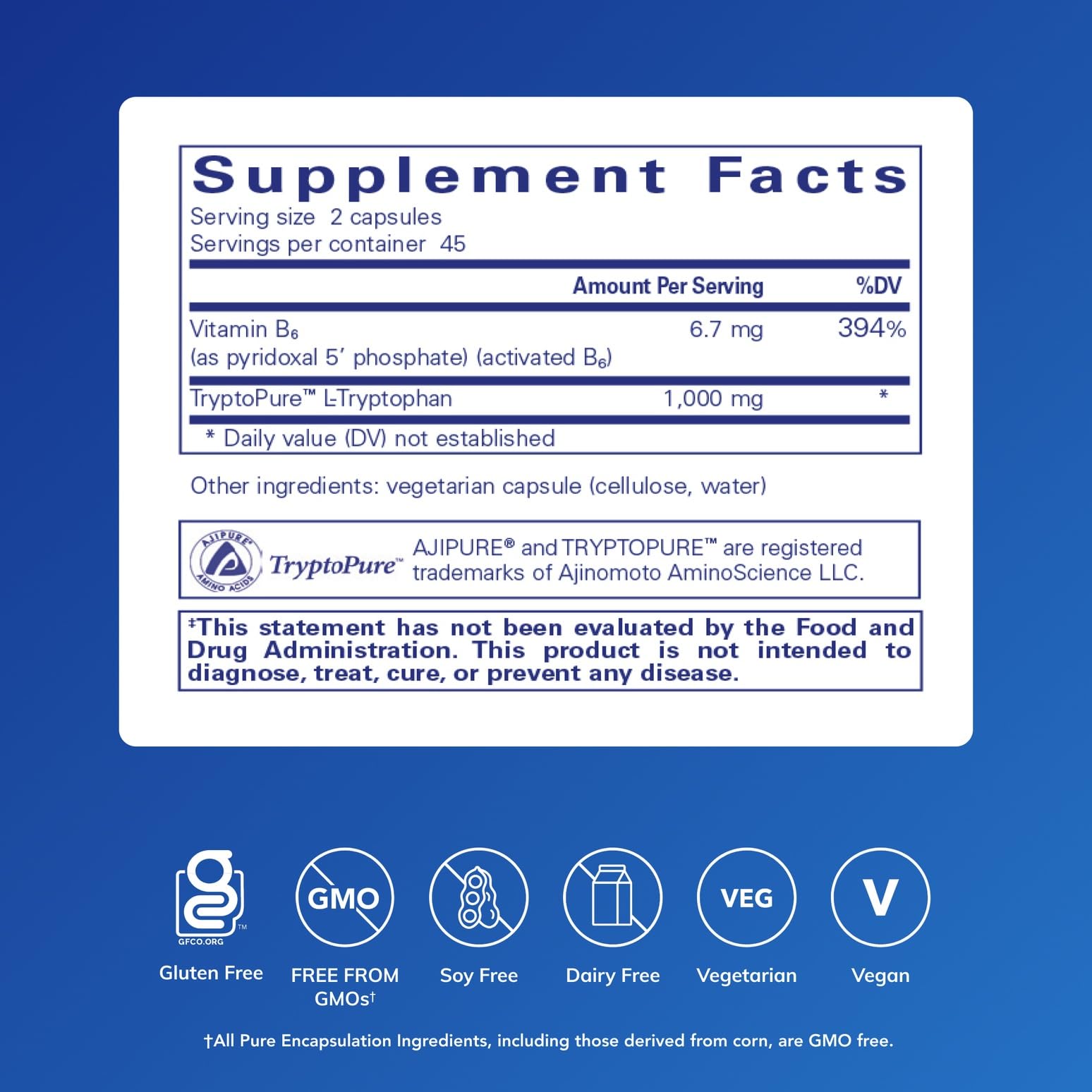 Pure Encapsulations L-Tryptophan bottle front for sleep-friendly routines.