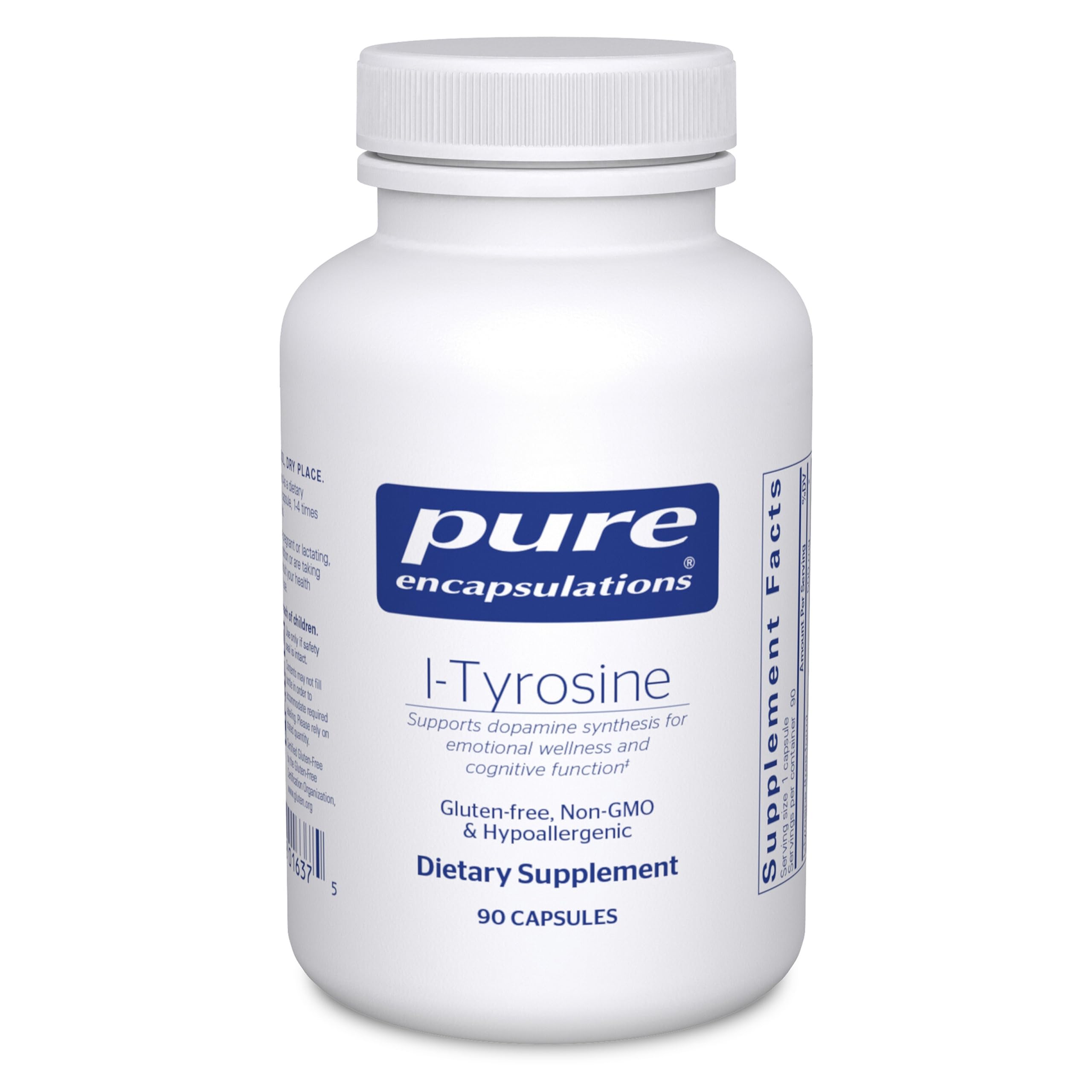 Pure Encapsulations L-Tyrosine bottle highlighting brain support for daily focus
