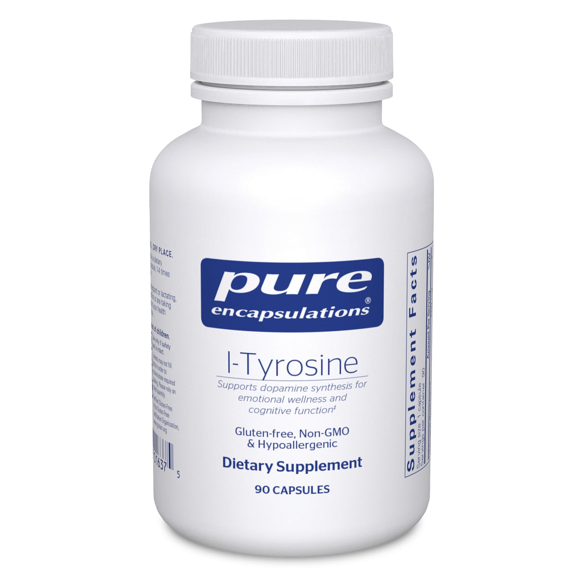 Pure Encapsulations L-Tyrosine bottle highlighting brain support for daily focus