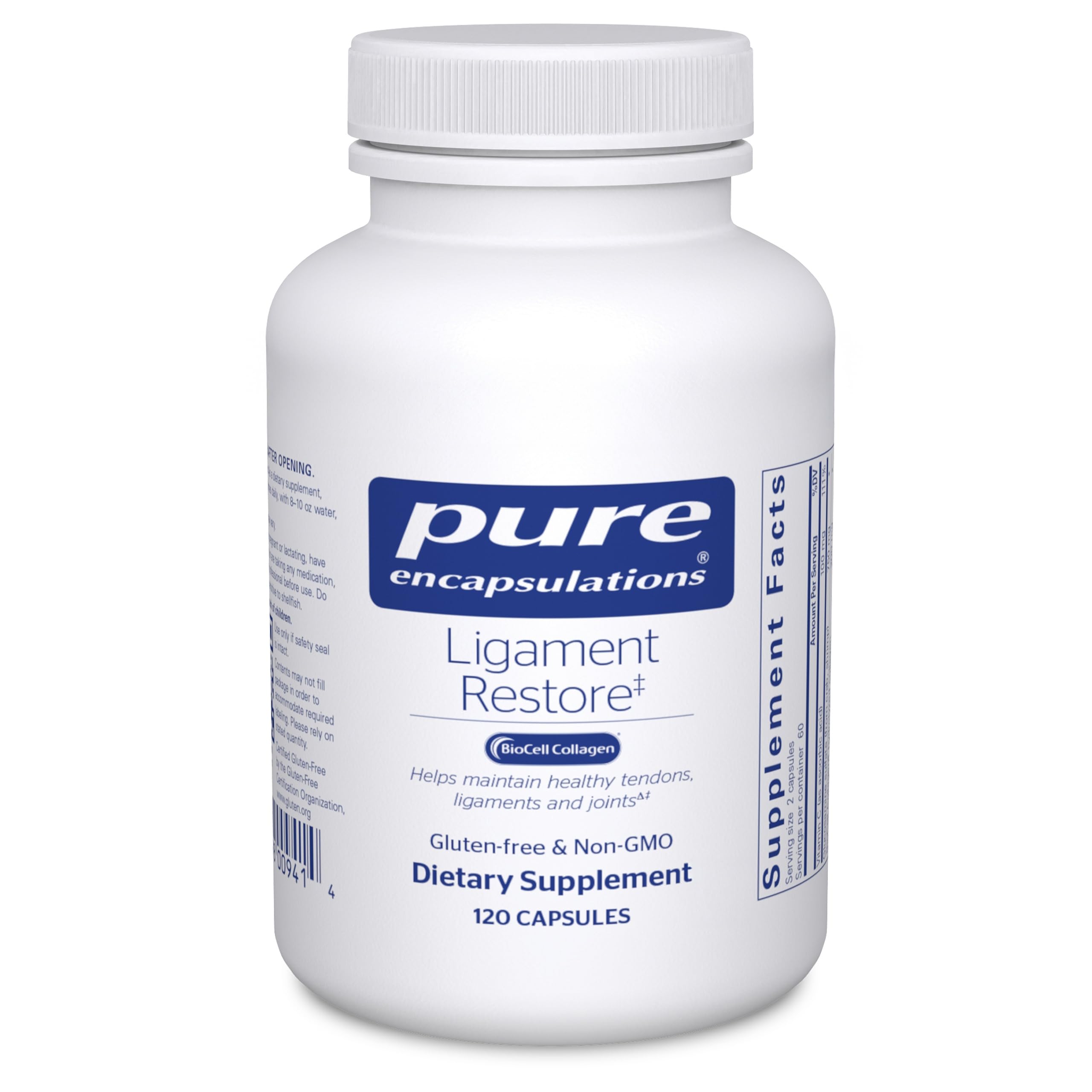 Pure Encapsulations Ligament Restore bottle front promotes joint and connective tissue support.