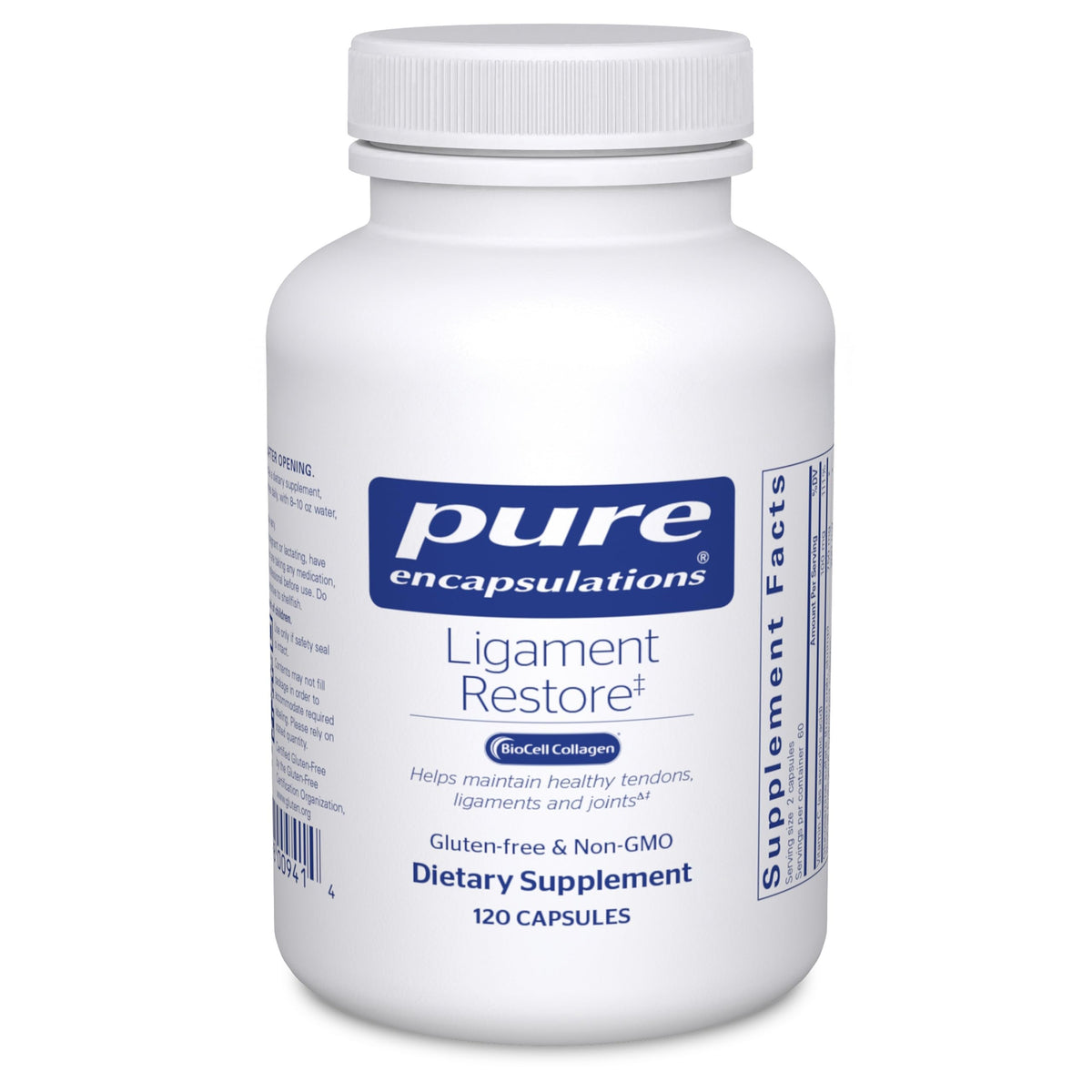 Pure Encapsulations Ligament Restore bottle front promotes joint and connective tissue support.