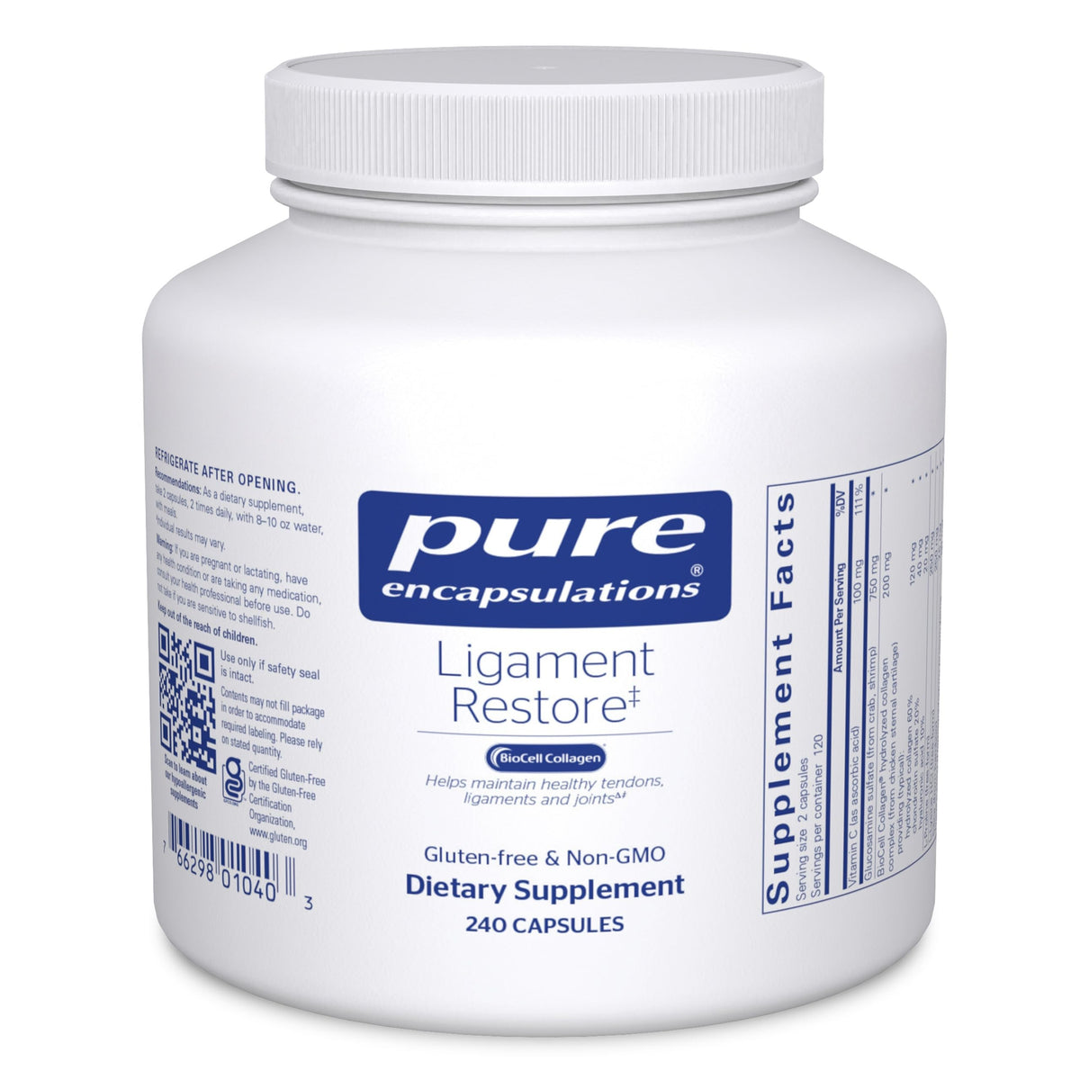 Pure Encapsulations Ligament Restore bottle displayed on a shelf for joint wellness